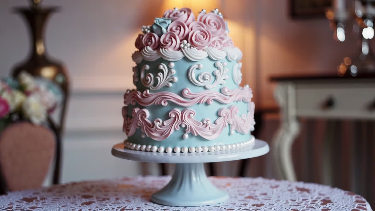 Elegant Two-Tiered Blue and Pink Decorative Cake