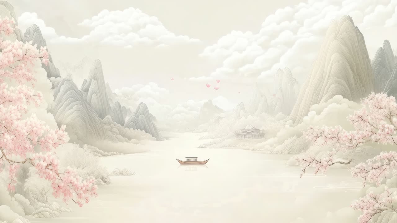 A serene, pastel-toned landscape with cherry blossoms and mountains