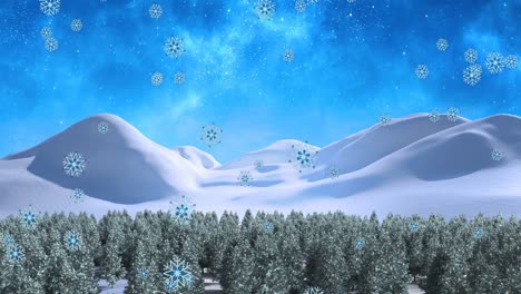 Animation-of-snow-falling-over-fir-tree-in-winter-landscape