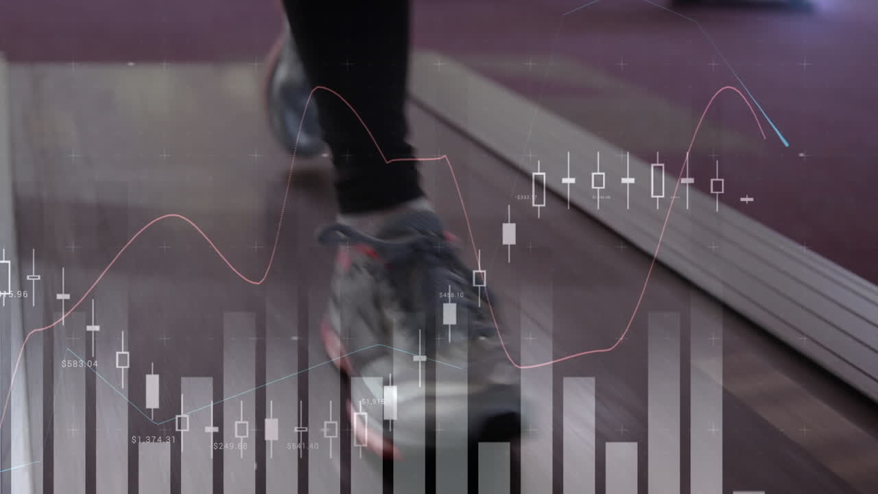 animazione della rete di connessioni e elaborazione dei dati su una donna in forma che si esercita in palestra