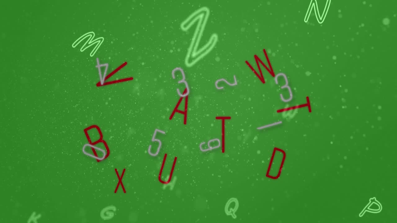 animación de letras y números sobre fondo verde