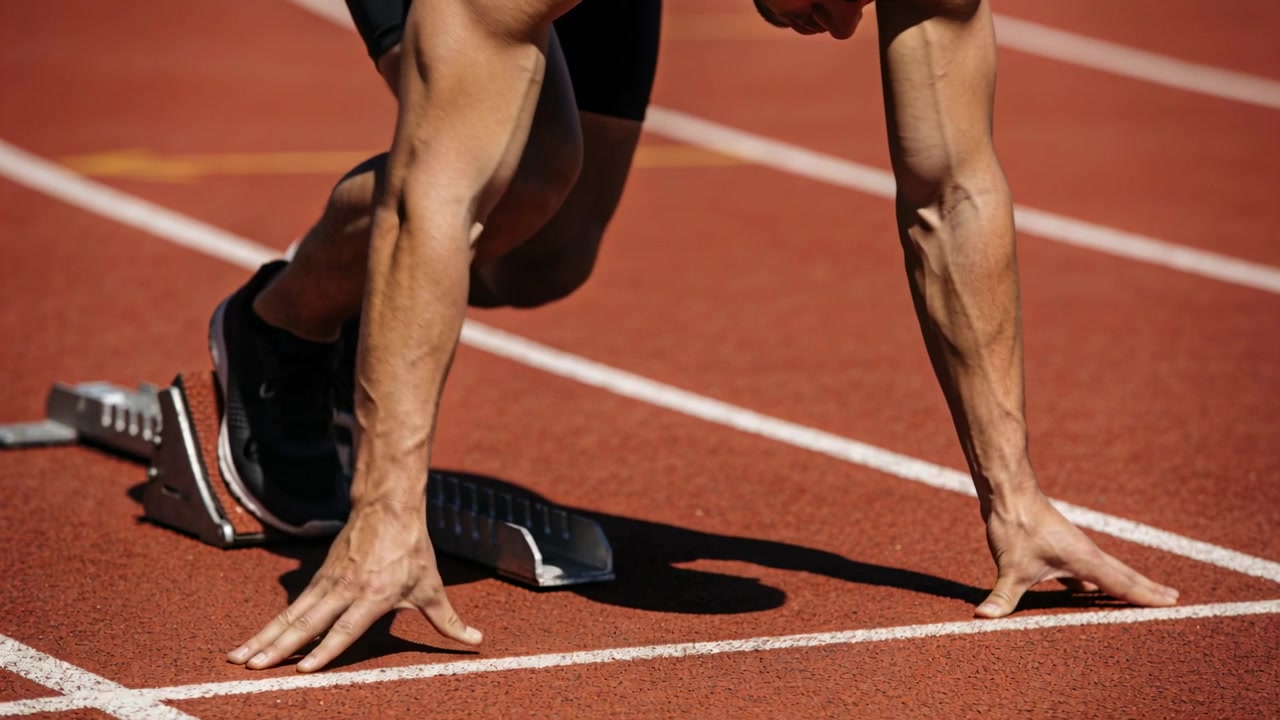 Reagindo ao sinal de partida, velocista impulsionando-se dos blocos na pista, vestindo shorts pretos e sapatilhas de pregos