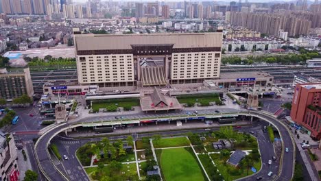 aerial shot of popular hangzhou railway station, modern building, china