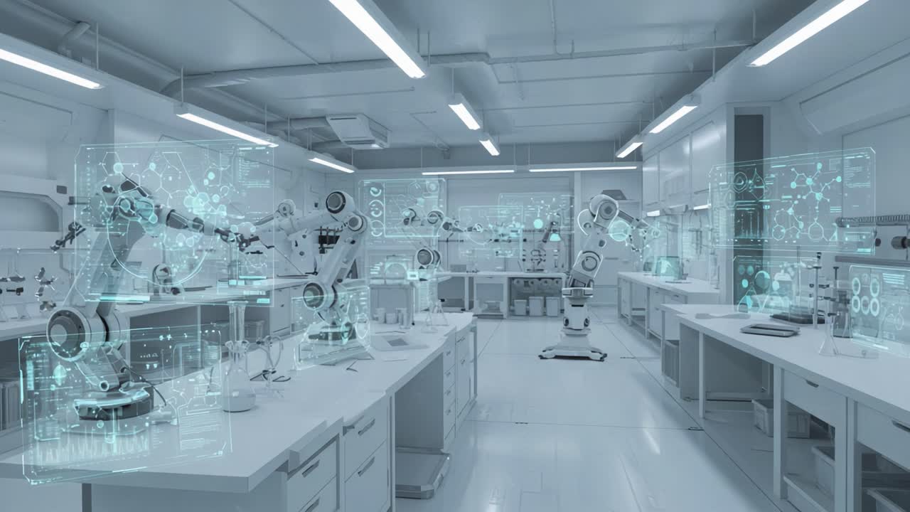 Advanced Robotic Automation Lab Showcasing Multiple Collaborative Robots Engaged in Complex Tasks with Digital Interfaces and Data Visualization in a Modern Research Environment