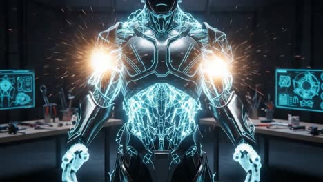 a high-tech robot with glowing wireframe design showcases advanced technology in a lab setting full of tools and digital displays for robotics research
