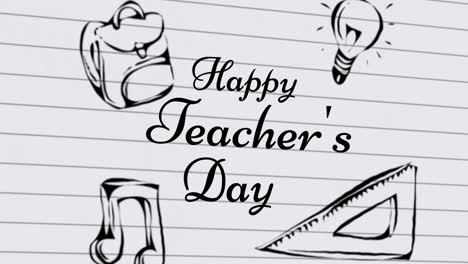 animación del texto del feliz día del maestro sobre los iconos de los artículos escolares sobre fondo blanco