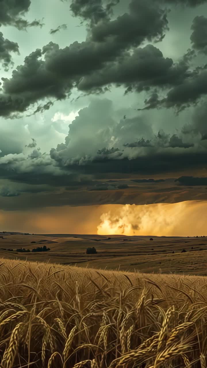 Vertical video: Drifting storm clouds shading wheat field under rain column glowing with sunlight