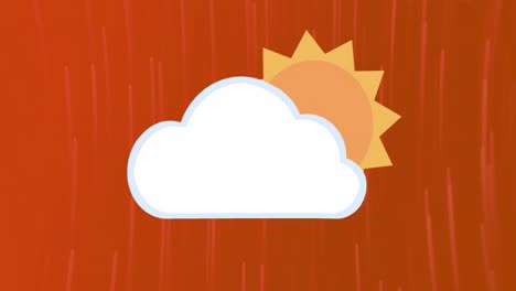 Animation-Des-Wolken--Und-Sonnensymbols-über-Lichtspuren,-Die-Sich-Vor-Orangefarbenem-Hintergrund-Drehen