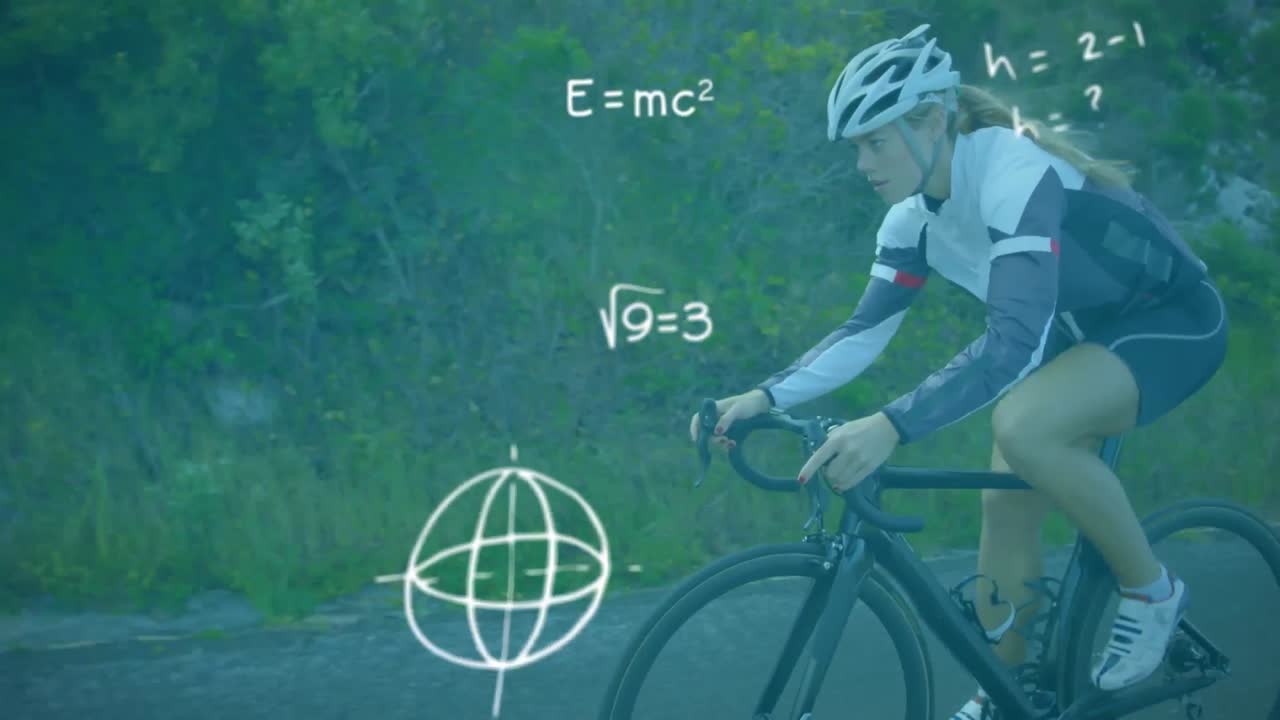 도로에서 자전거를 타는 여성에 대한 수학 방정식과 기호