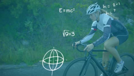 mathematical equations and symbols against woman cycling on the road