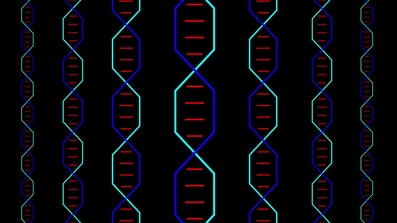 Animation af flerfarvede DNA-strenge, der snurrer over sort baggrund