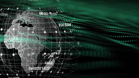 animación del procesamiento de datos sobre un globo giratorio y una onda digital verde contra un fondo negro.