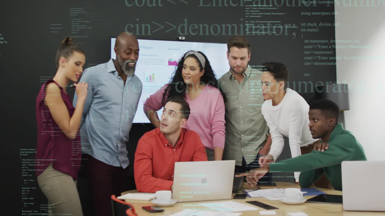 Laptop operator typing while team leaning, pointing and directing tech deck, code overlay appearing