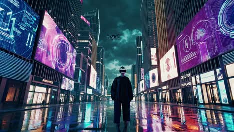 persona que experimenta la realidad virtual en el paisaje urbano futurista