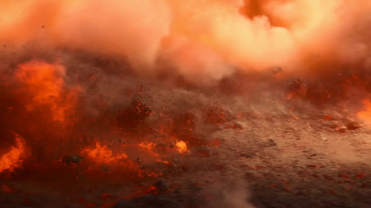 Eine sich ausdehnende Schmelztasche, eruptiver Boden stößt glühende Taschen, Glut und Asche auf verbranntem Boden aus.