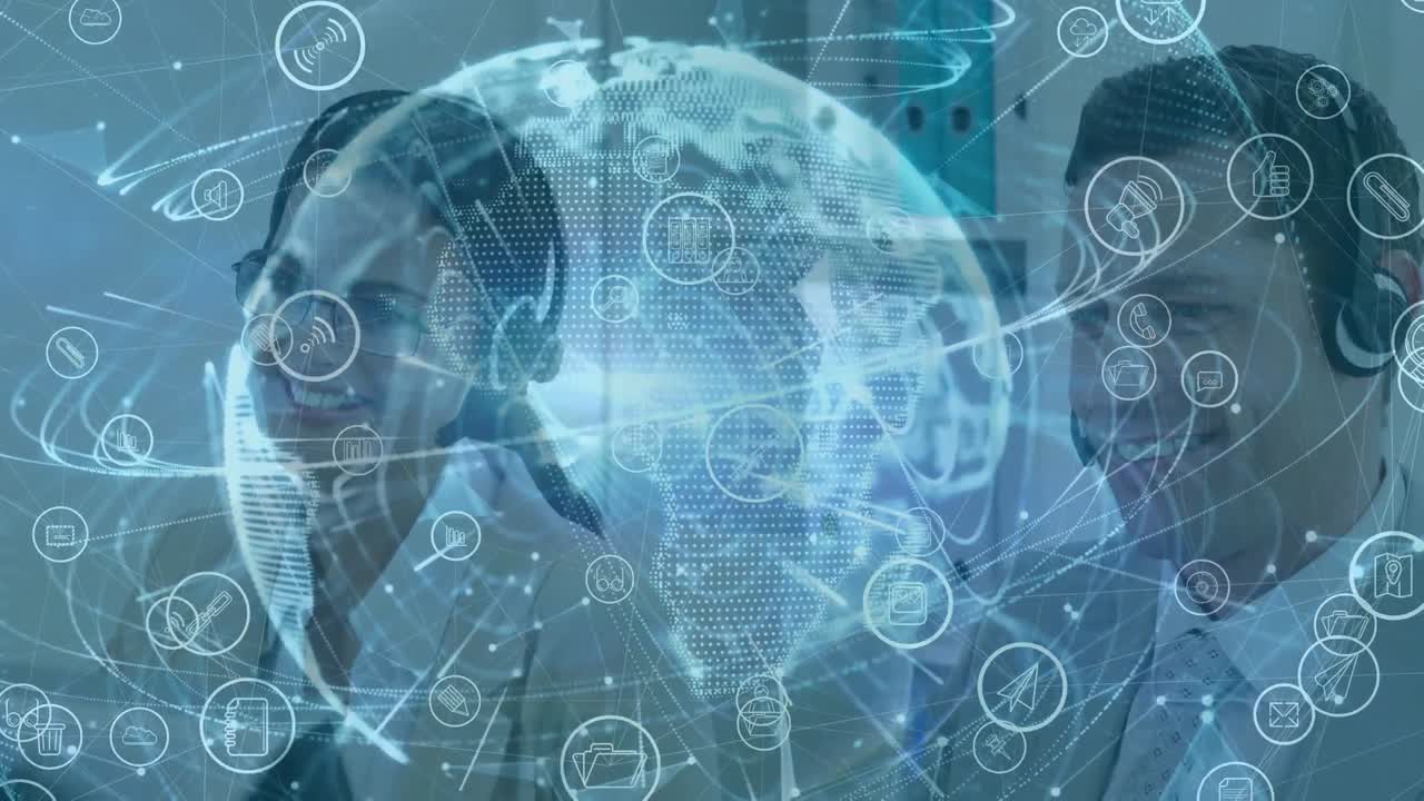 анимация сети соединений с иконками над деловыми людьми, использующими телефонные наушники
