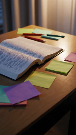 open book with sticky notes and pens on a desk at night