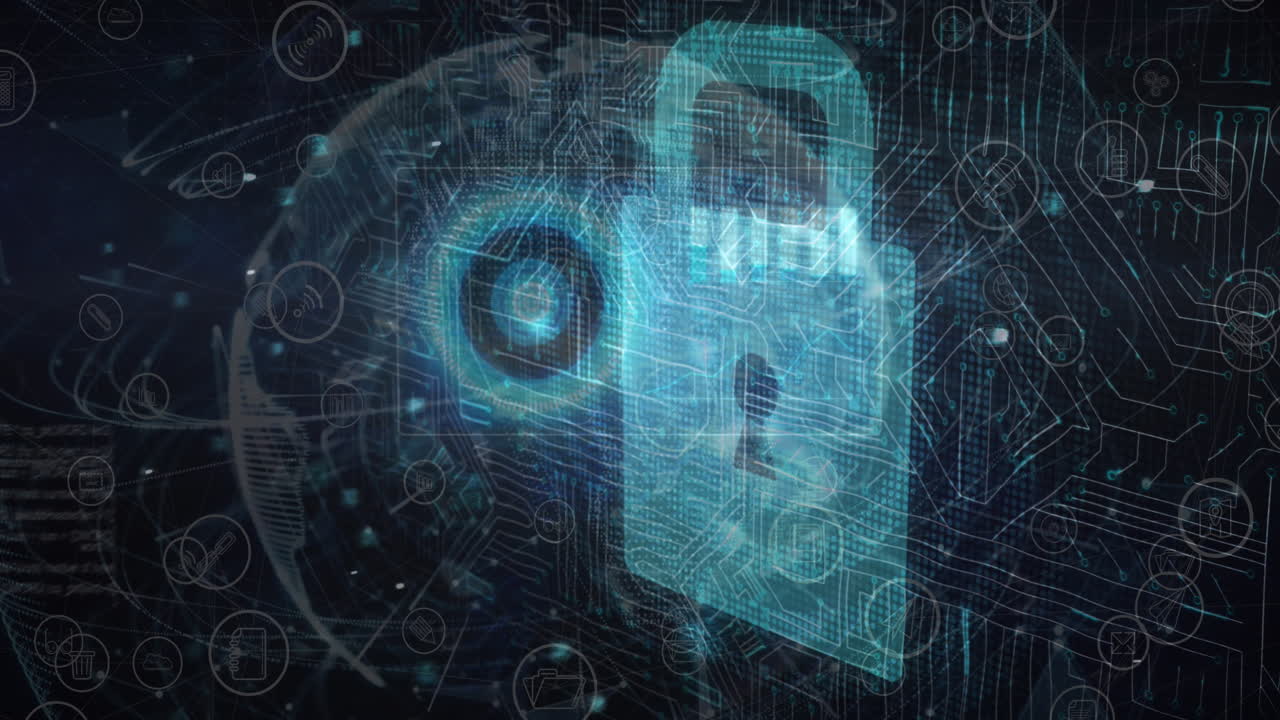 animación del candado de seguridad en línea, placa de circuito sobre el procesamiento de datos