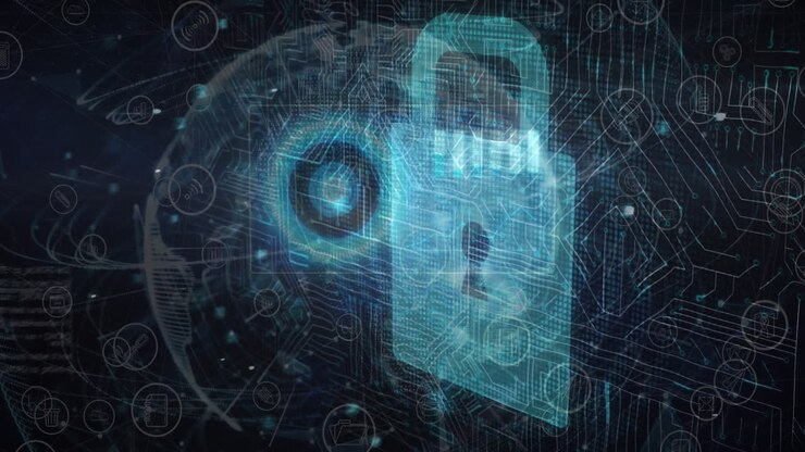 Animation of online security padlock, circuit board over data processing