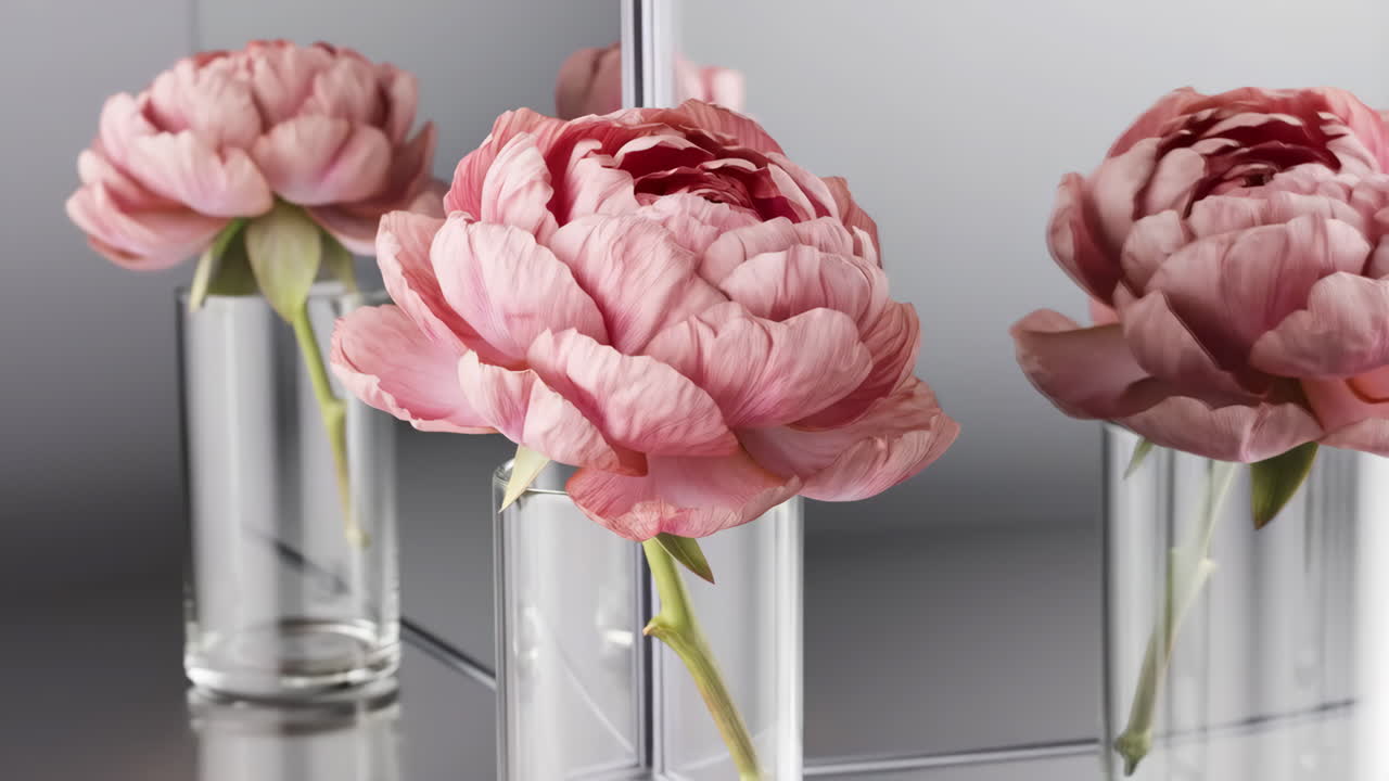 Pink Peony Flower in a Glass Vase with Mirror Reflections