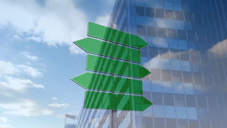 animation of green sign over cityscape