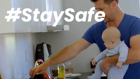 Animation-of-stay-safe-text-over-father-and-child-at-home