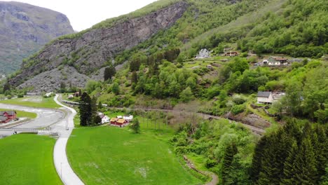 aerial: flåm train going uphill through a valley among green meadows and a road with light traffic