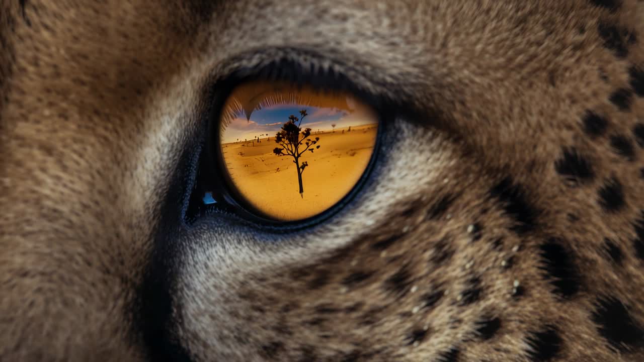 Sequência começando no olho de guepardo, pálpebras se abrindo em close-up, revelando o reflexo de árvores sobre dunas