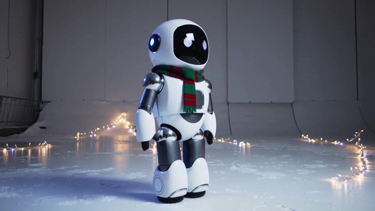 Robot umanoide che cammina, attivato da un programma, si muove in studio mostrando una sciarpa e luci natalizie