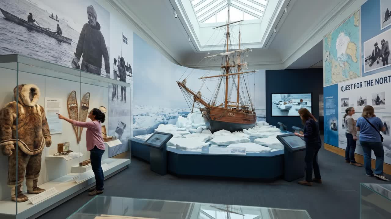 Visitantes explorando uma exposição de museu sobre exploração polar com modelo de navio