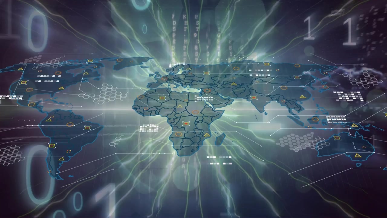 Animation of binary coding and data processing over world map against grey background