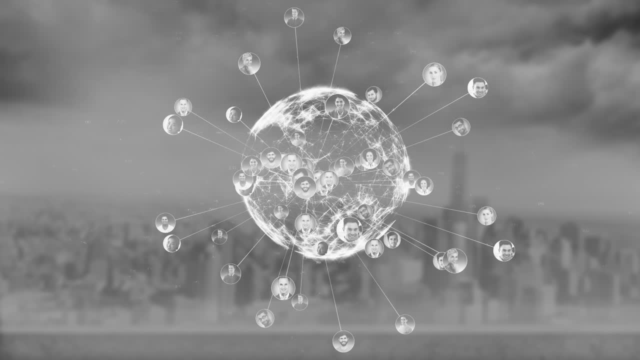 Animating global network connections over grayscale cityscape background