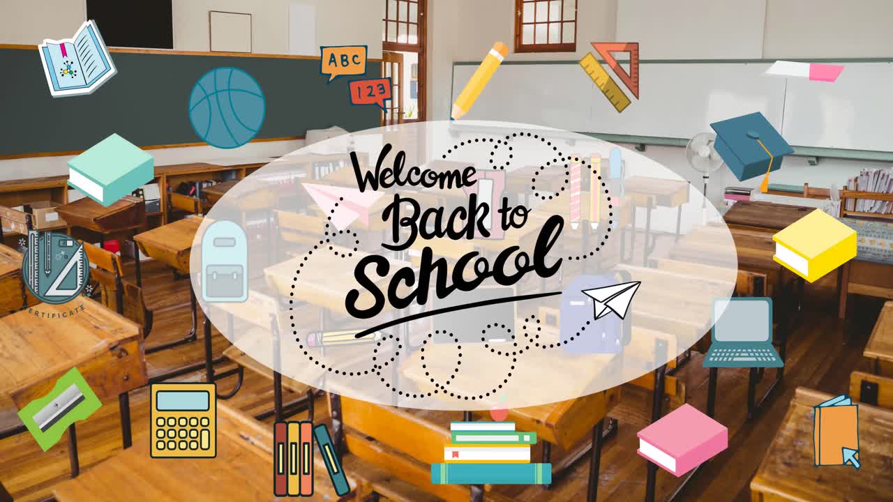 Back to school text banner and multiple school concept icons against empty classroom at school