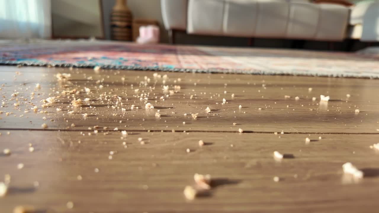 Bread Crumbs on Wooden Floor