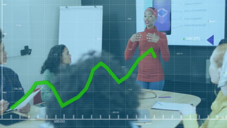 animación de gráficos y números cambiantes sobre mujeres diversas compartiendo ideas con compañeros de trabajo en reuniones