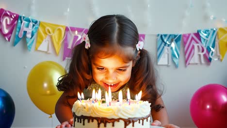 little girl blowing out candles on her birthday cake