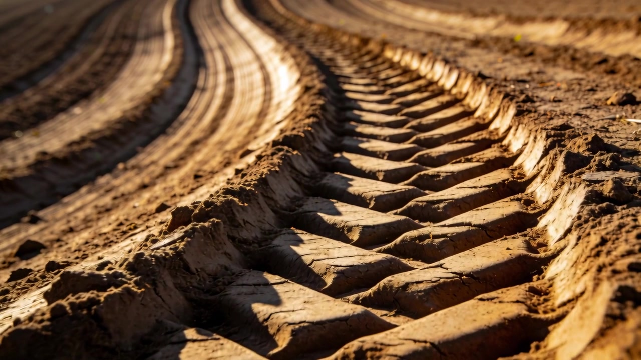 Advancing camera revealing deep tire tread impressions on sandy field, exposing parallel wheel rut