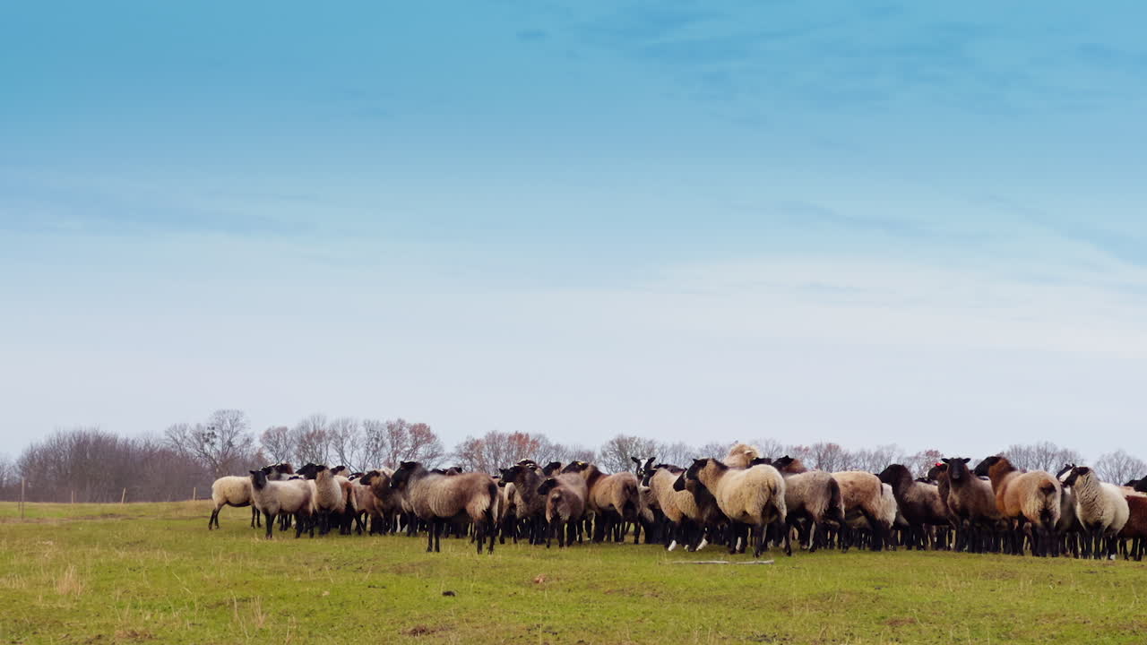 Herd of domestic animals standing in the field. Bare trees in the forest at backdrop. Autumn countryside.