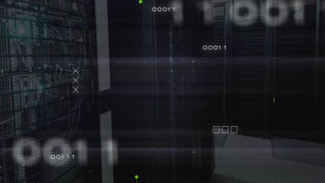 animación de códigos binarios y patrón de placa de circuitos en la sala del servidor en segundo plano