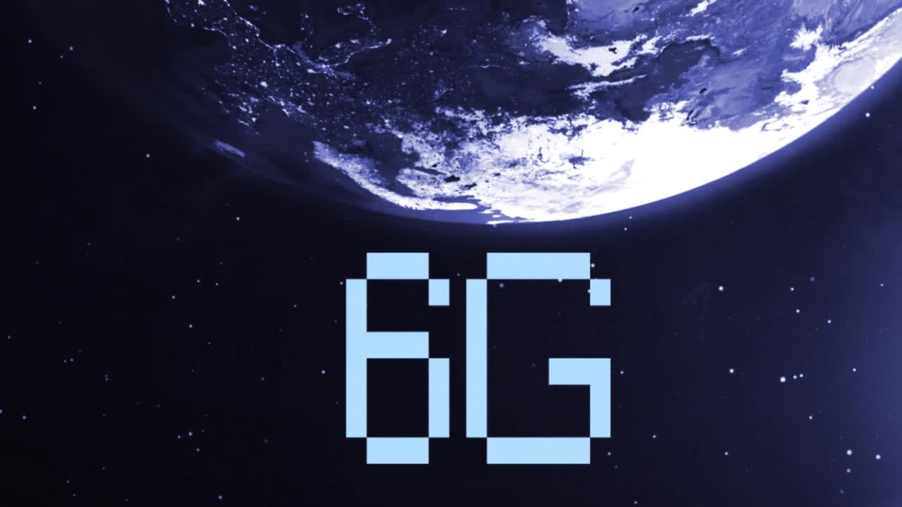 우주에서 볼 수 있는 회전하는 지구와 보라색 태양 위의 6g 디지털 텍스트의 애니메이션