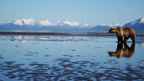grizzly bear wading in shallow water with mountain reflection