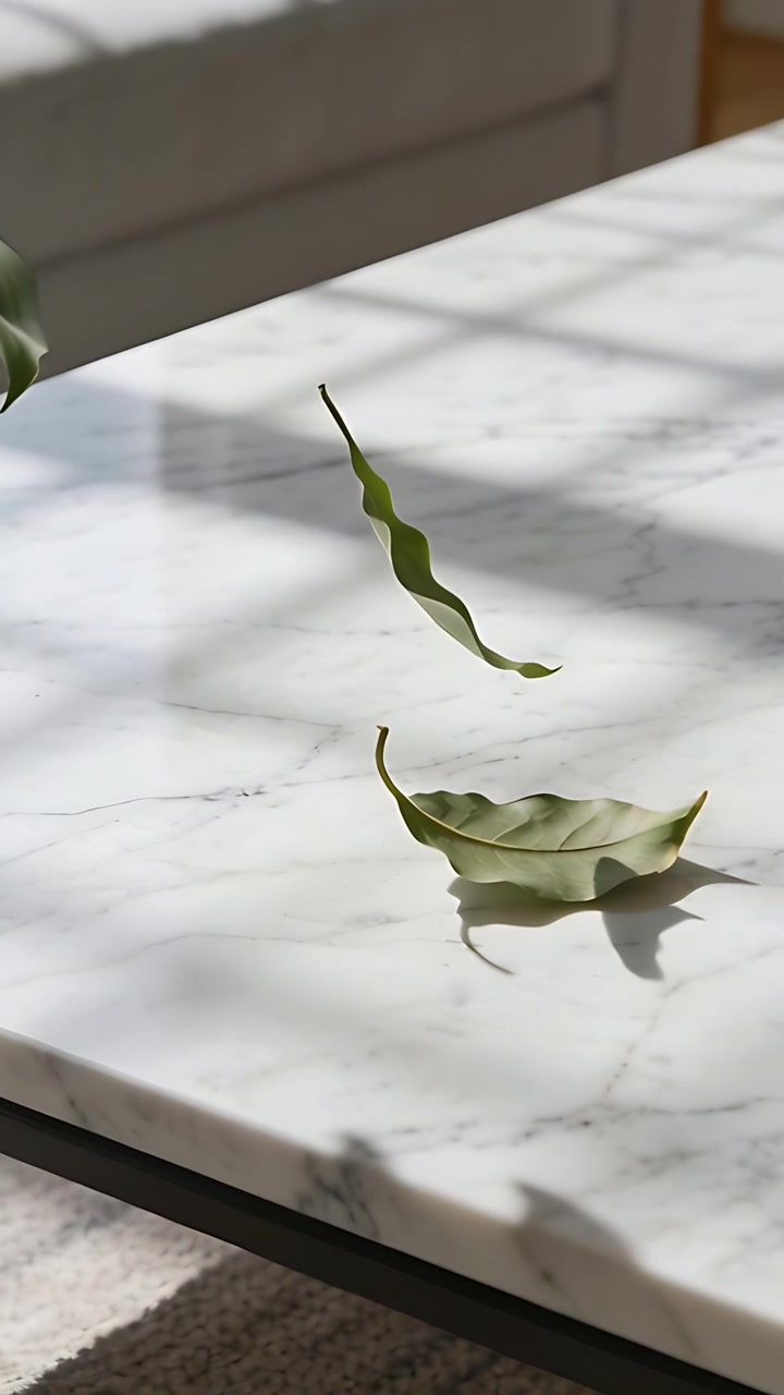 Vertikal video: Faldende blad slutter sig til et andet grønt blad, roterer og lægger sig til rette på et marmorbord med en plante.