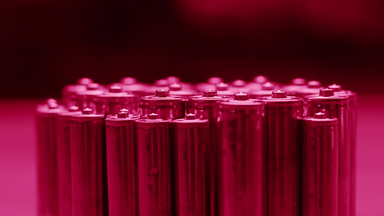 Silver batteries AA and AAA in neon light close-up. Double-A battery is a standard size single cell cylindrical dry battery. Batteries are common in portable electronic devices. An AA battery is composed of a single electrochemical cell that may be either a primary battery or a rechargeable battery.