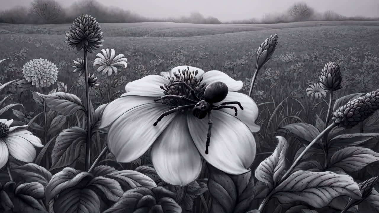 A black and white image of a spider on a flower in a field