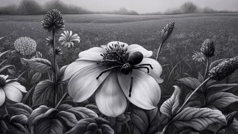 a black and white image of a spider on a flower in a field