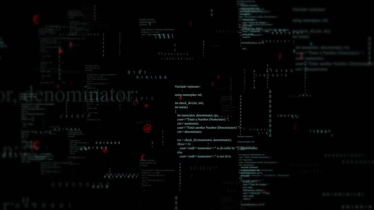 Animation of binary coding and data processing on black background