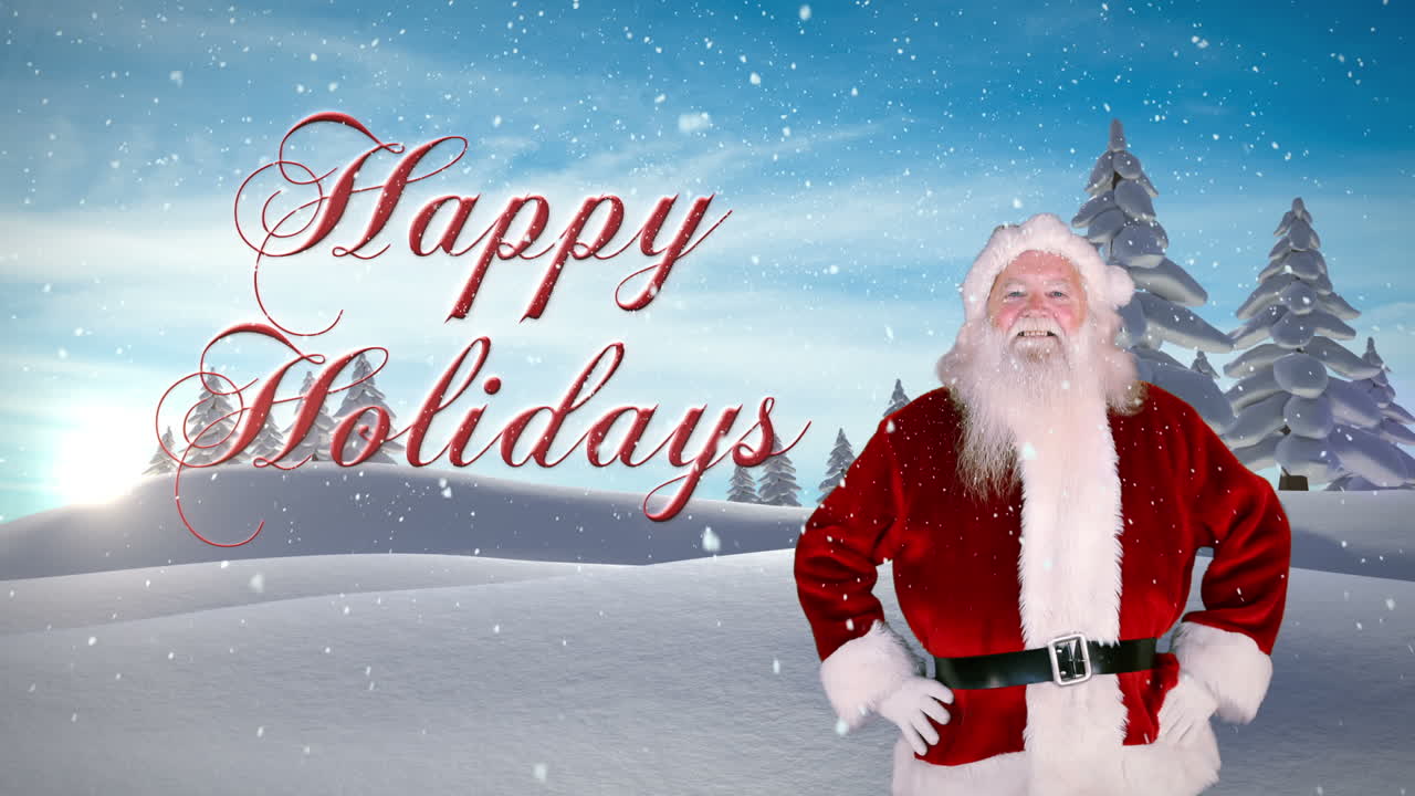 산타 는 눈 인 소나무 숲 에 대항 하여 크리스마스 메시지 를 제시 하고 있다