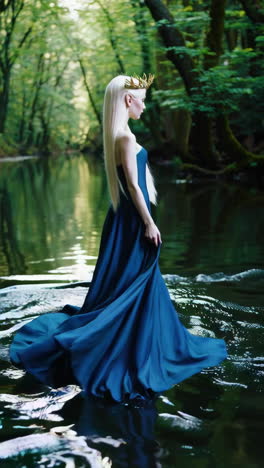 a beautiful woman in a blue dress in a forest, near a river