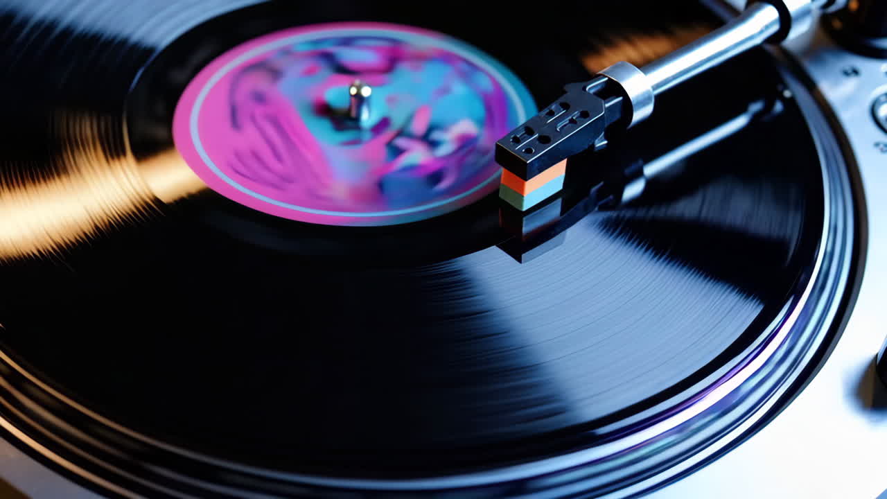 Close-up of a record player with a colorful vinyl record