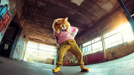 a cat in a pink sweater and yellow pants is dancing in an abandoned building